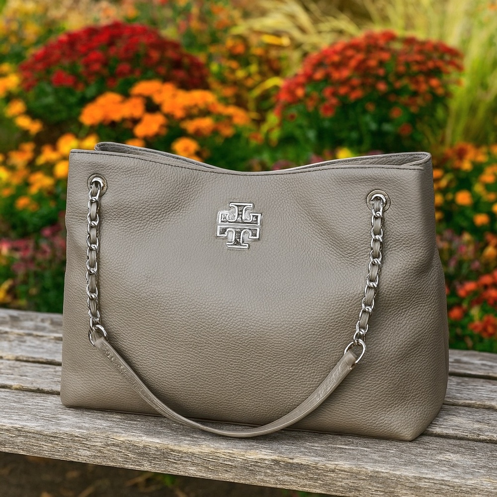 NEW Tory Burch Britten French Gray Leather Triple Compartment Large Tote Bag